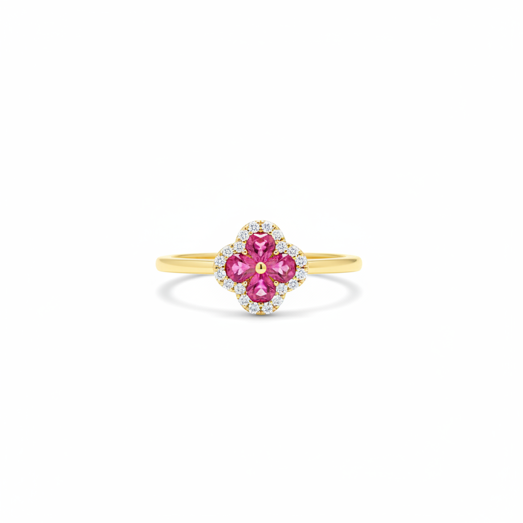 10k gold ruby clover ring with diamond halo on white background