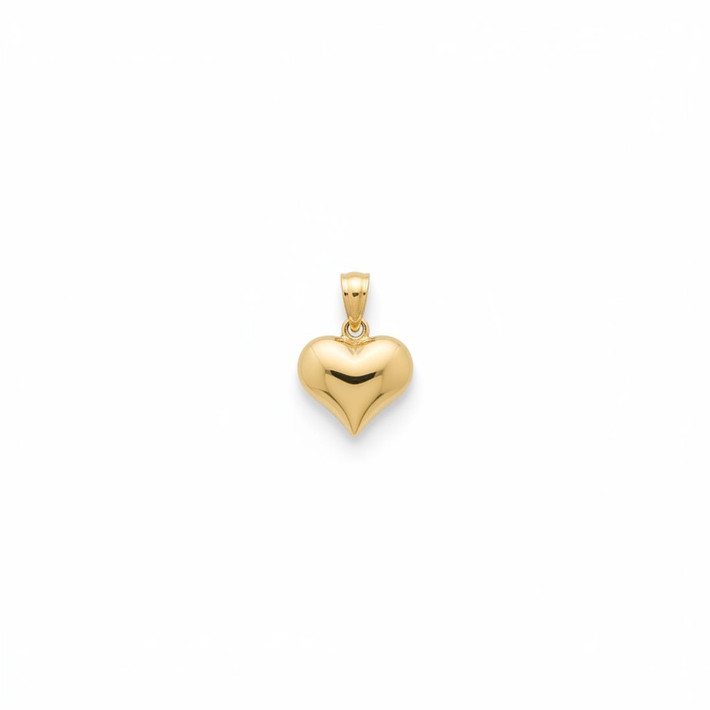 10k gold puffy 3D solid heart pendant on white background