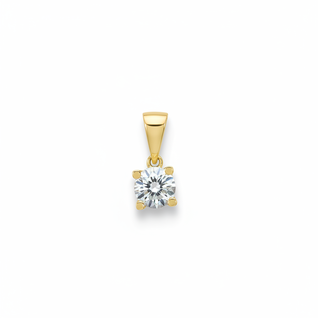 10k gold round brilliant diamond solitaire pendant in 4-prong setting on white background