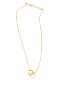 10k gold cable chain necklace with two interlocking screw-detail rings pendant on white background