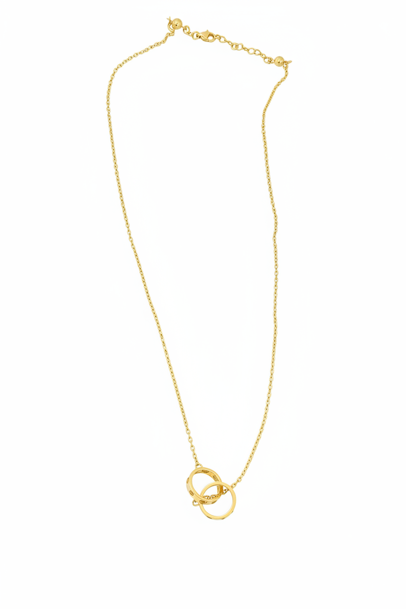 10k gold cable chain necklace with two interlocking screw-detail rings pendant on white background