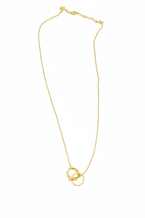 10k gold cable chain necklace with two interlocking screw-detail rings pendant on white background