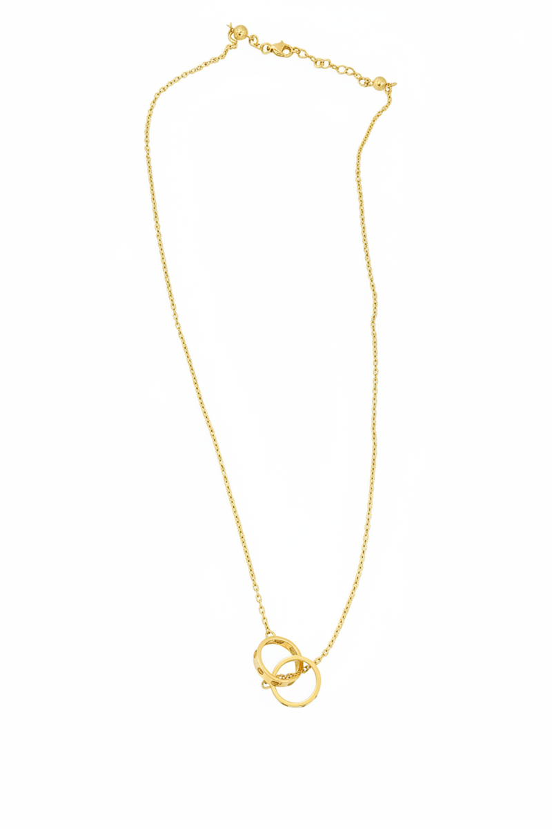 10k gold cable chain necklace with two interlocking screw-detail rings pendant on white background