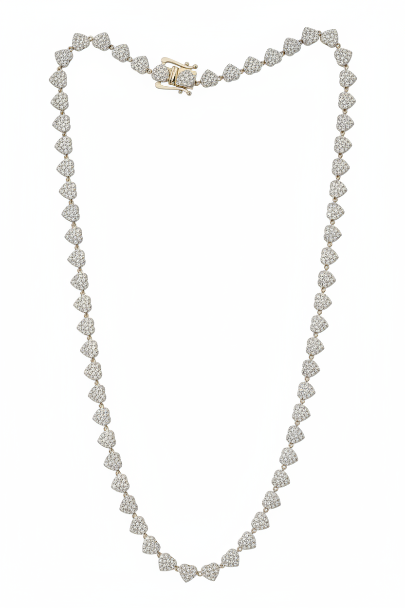 10k white gold pavé diamond heart link necklace on white background