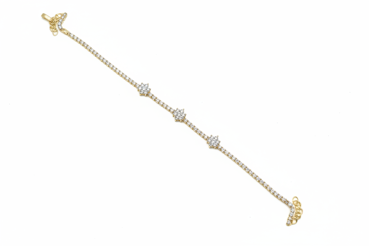 10k gold pavé tennis bracelet with three flower diamond cluster stations on white background
