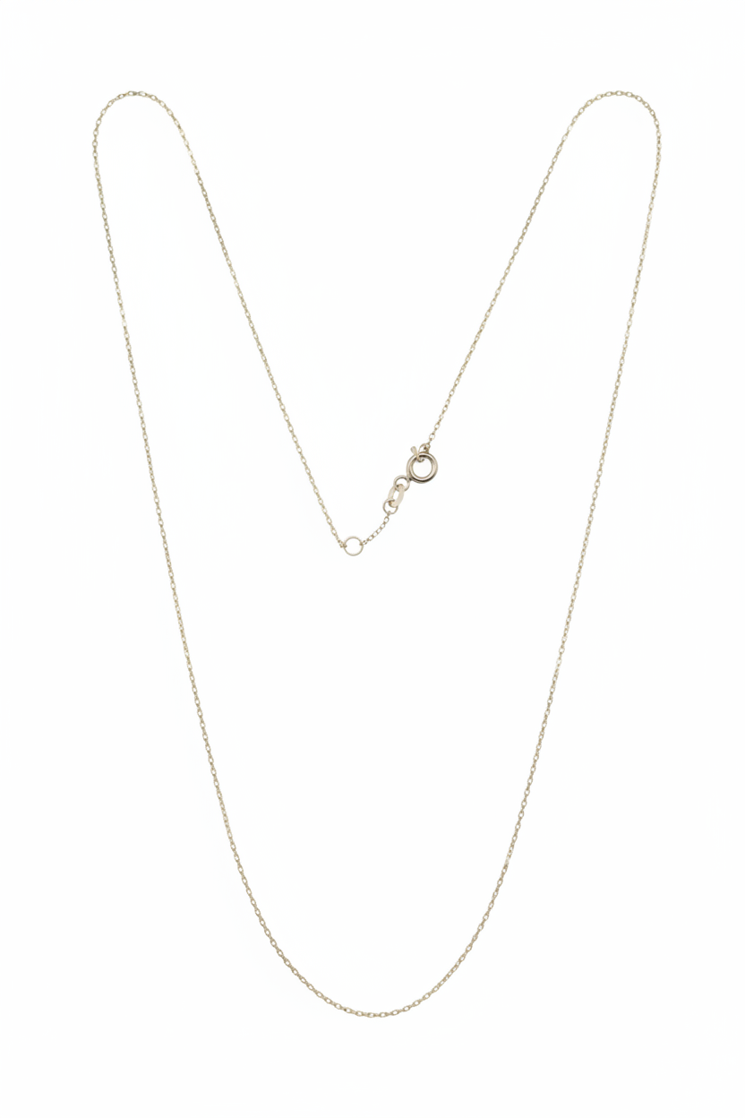 10k white gold delicate diamond-cut cable chain necklace with spring ring clasp on white background